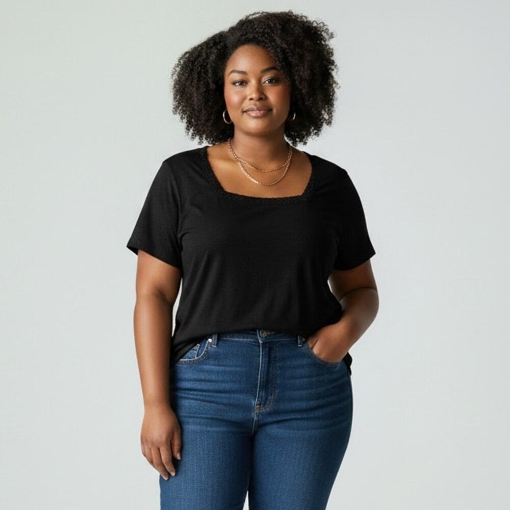 Talbots Plus Square-Neck Tee NWT Women's Sz 2X Black Short Sleeves Lace Neck
